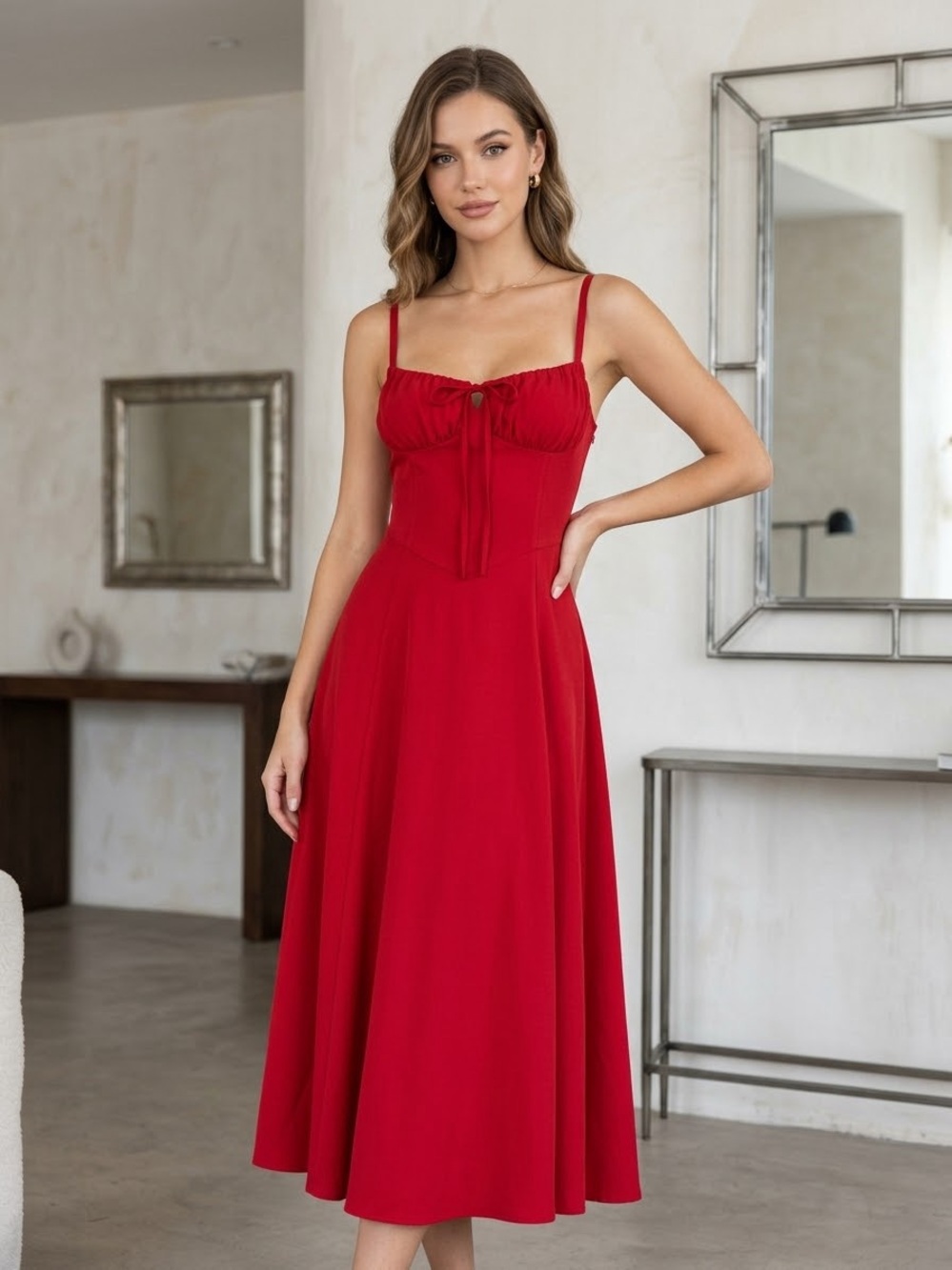 Elegant Red Midi Slip Dress with Adjustable Straps
